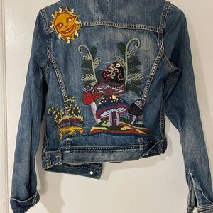 Vintage Lucky Brand Blue Denim Jacket with Colorful Embroidery
